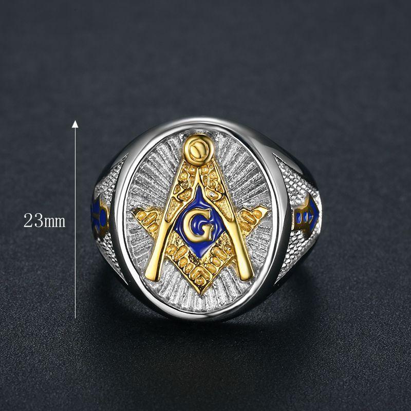 Blue Enamel Gold Tone Stainless Steel Freemason Signet Rings - The Jewellery Supermarket