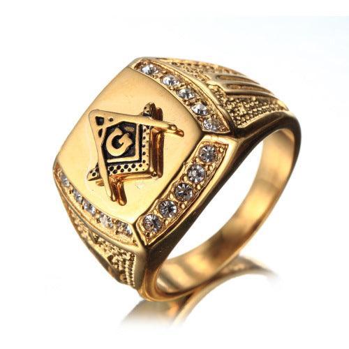 Gold Color Signet Symbols Titanium 316L Stainless Steel Masonic Men Ring - The Jewellery Supermarket