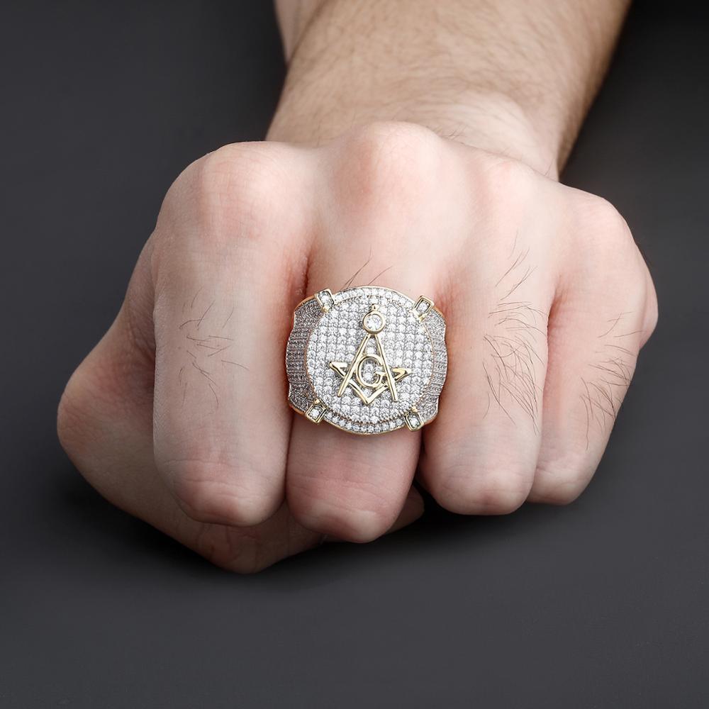Gold Color Plated Brass Iced Out Micro Pave Cubic Zircon Masonic Ring - The Jewellery Supermarket