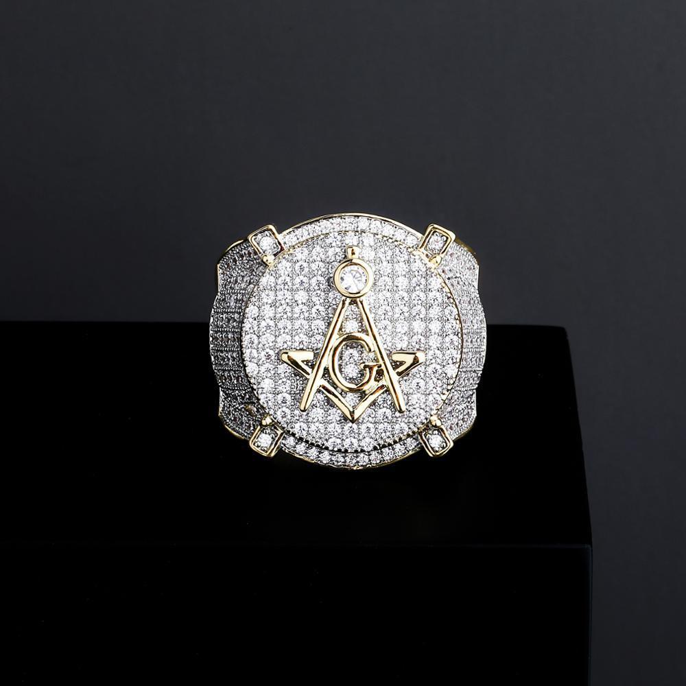 Gold Color Plated Brass Iced Out Micro Pave Cubic Zircon Masonic Ring - The Jewellery Supermarket
