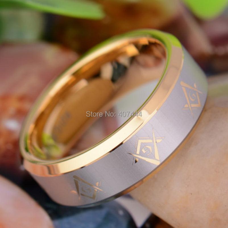 Masonic Gold Color Bevelled Men's Fashion Tungsten Wedding Ring - The Jewellery Supermarket