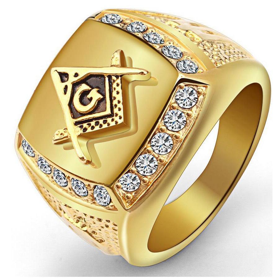 New Arrival Zircon Crystals Masonic Signet 316L Stainless Steel Gold Ring - The Jewellery Supermarket