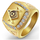 New Arrival Zircon Crystals Masonic Signet 316L Stainless Steel Gold Ring - The Jewellery Supermarket
