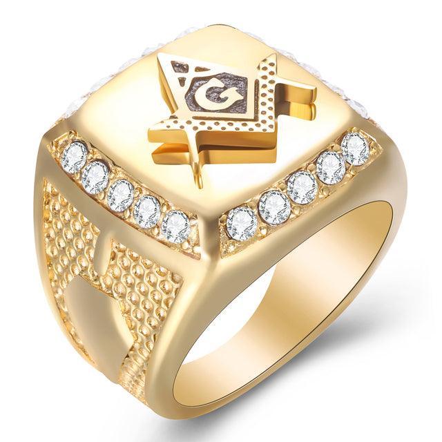 New Arrival Zircon Crystals Masonic Signet 316L Stainless Steel Gold Ring - The Jewellery Supermarket