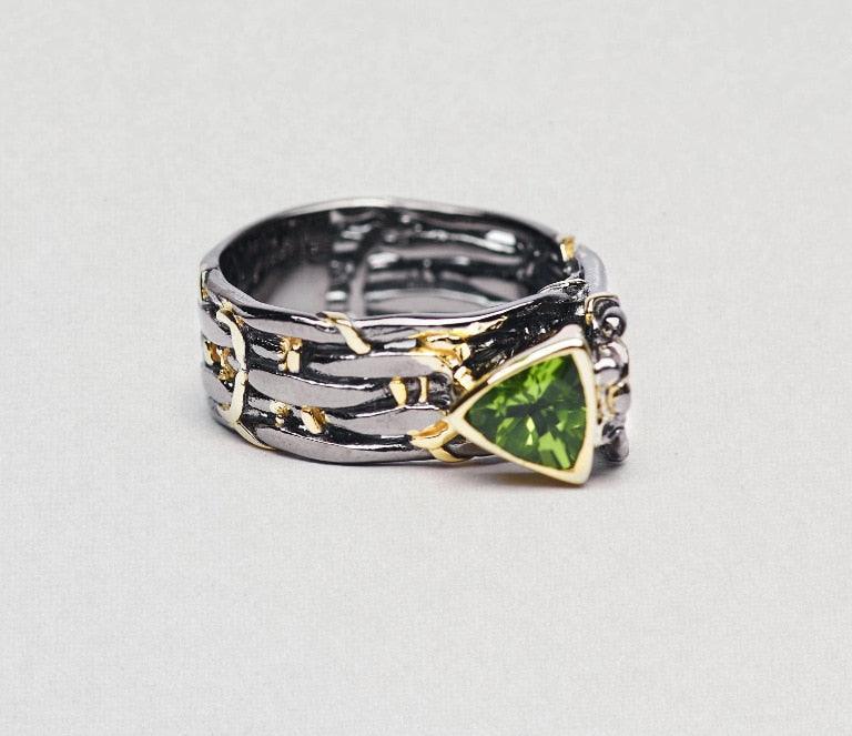 Unique Design Exaggerated Black Gold Tungsten Triangle AAA Green Zircon Personality Ring - The Jewellery Supermarket
