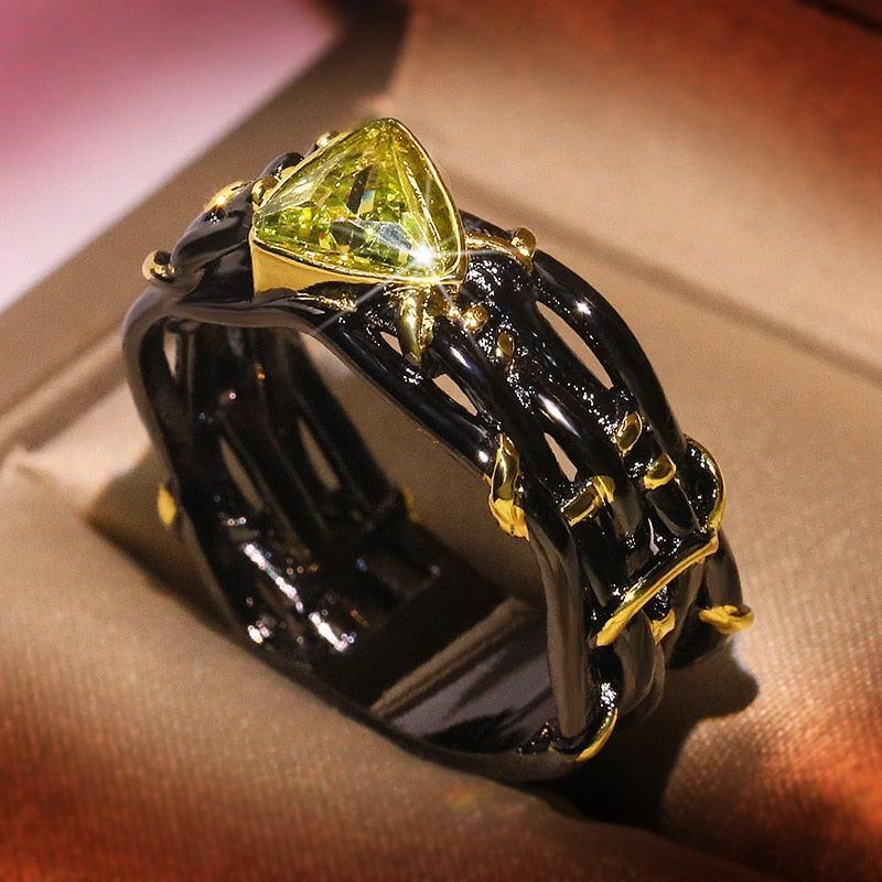 Unique Design Exaggerated Black Gold Tungsten Triangle AAA Green Zircon Personality Ring - The Jewellery Supermarket