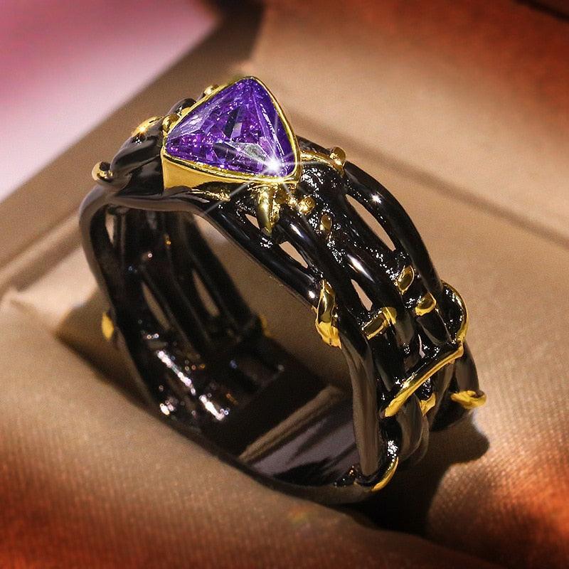 Unique Design Exaggerated Black Gold Tungsten Triangle AAA Green Zircon Personality Ring - The Jewellery Supermarket
