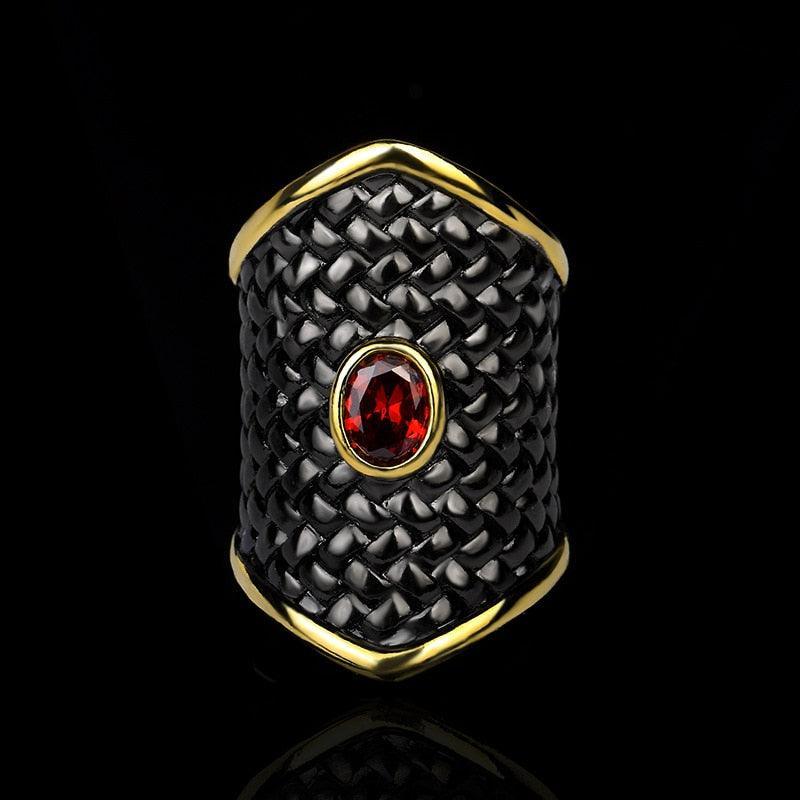 Exaggerated Black Gold Irregular Geometric Shape Red AAA+ Zircon Crystal Ring - The Jewellery Supermarket