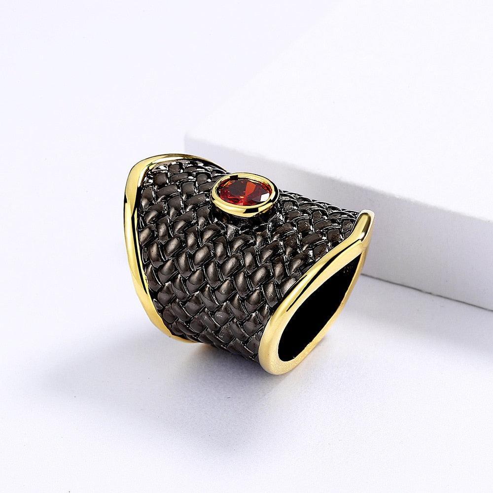 Exaggerated Black Gold Irregular Geometric Shape Red AAA+ Zircon Crystal Ring - The Jewellery Supermarket