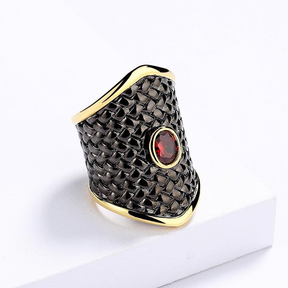 Exaggerated Black Gold Irregular Geometric Shape Red AAA+ Zircon Crystal Ring - The Jewellery Supermarket