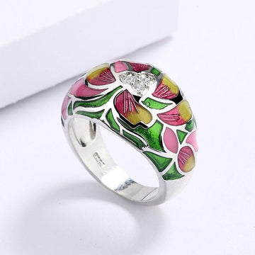 Classic Ethnic Style Flower Inlaid AAA+ Zircon Handmade Enamel Wedding Ring - The Jewellery Supermarket