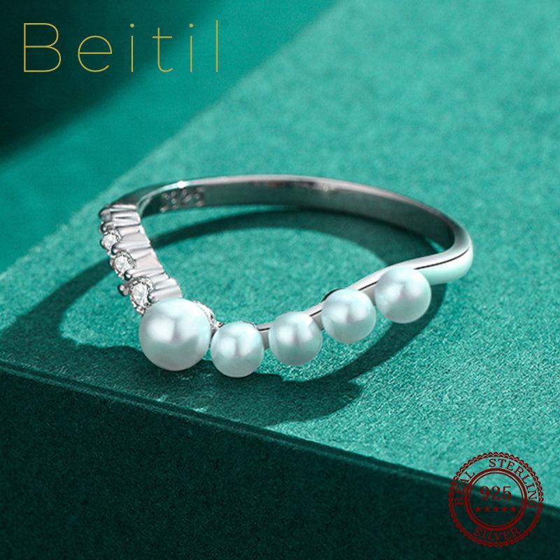 *NEW* Radiant AAAA Simulated Diamonds V Shape Elegant Pearl Sterling Silver Ring - The Jewellery Supermarket