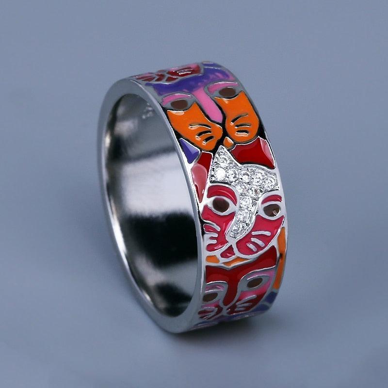 New - Handmade Fashion Cat Face Unique Enamel 925 Silver Ring with AAA+ CZ Diamonds - The Jewellery Supermarket