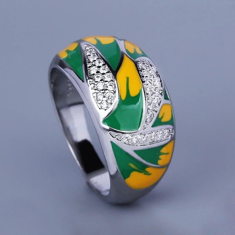 Classic Fashion Leaf AAA+ Zircon Green Handmade Enamel Ring - The Jewellery Supermarket