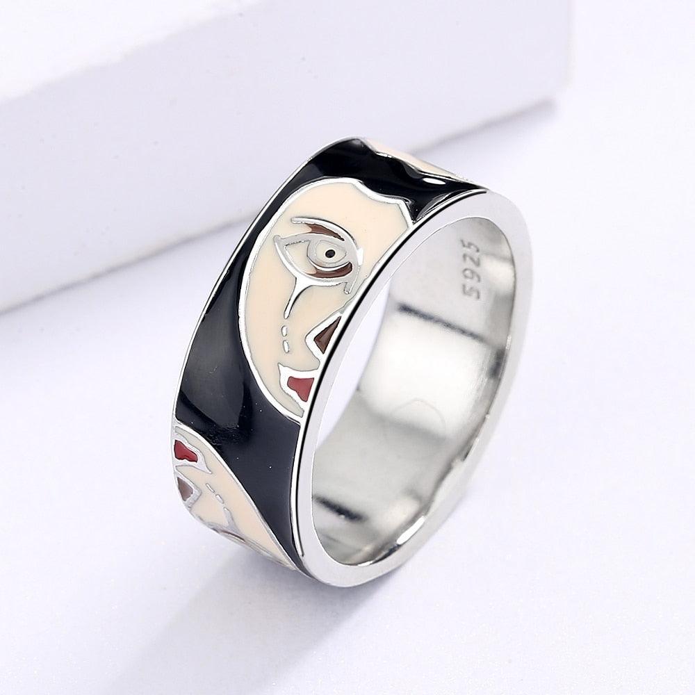 Creative Fashion Irregular Half Face Exaggerated Black and White Handmade Enamel Ring - The Jewellery Supermarket