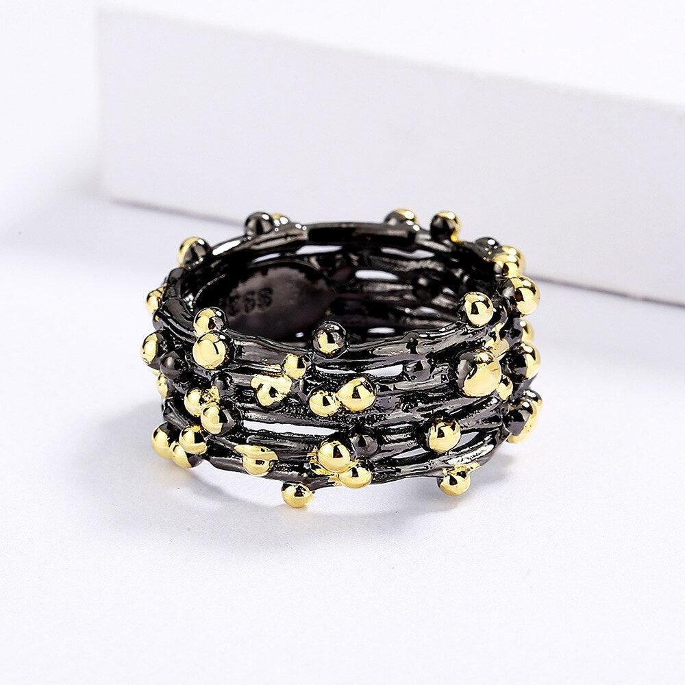 Unique Polka Dot Black Gold Ring Women;s 925 Silver Ladies Multi-layer Fashion Ring Set - The Jewellery Supermarket