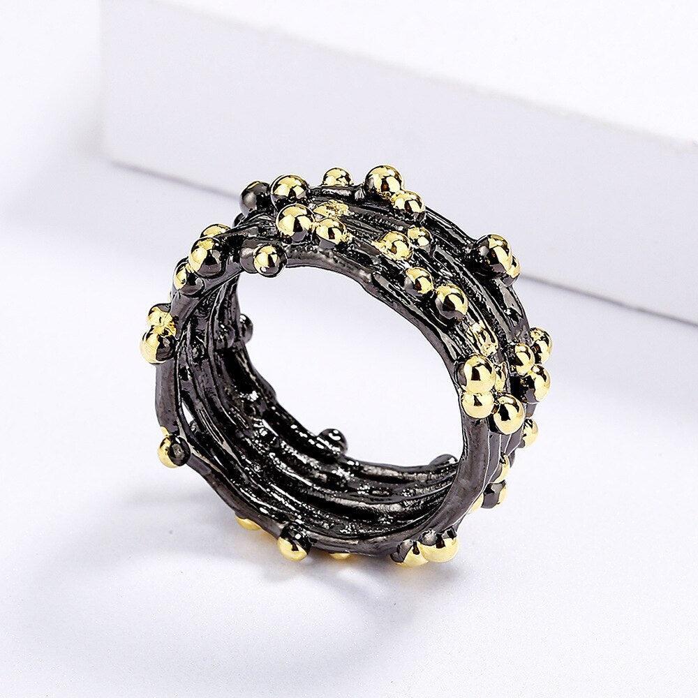 Unique Polka Dot Black Gold Ring Women;s 925 Silver Ladies Multi-layer Fashion Ring Set - The Jewellery Supermarket