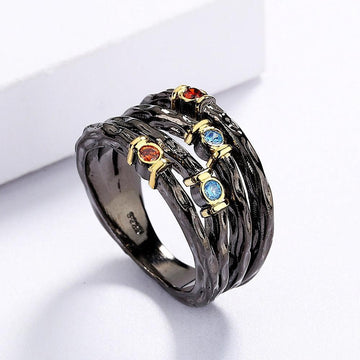 Exaggerated Inlaid with Colorful AAA+ Zircon Multi-layer Irregular Black Gold Ring - The Jewellery Supermarket