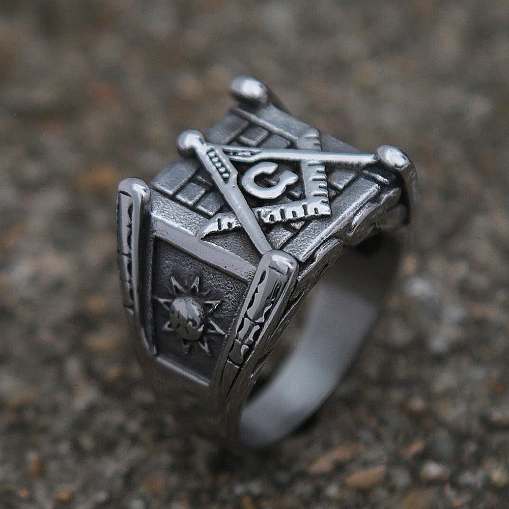 Classic Moon and Sun Stamp Stainless Steel Vintage Masonic Letter Ring - The Jewellery Supermarket