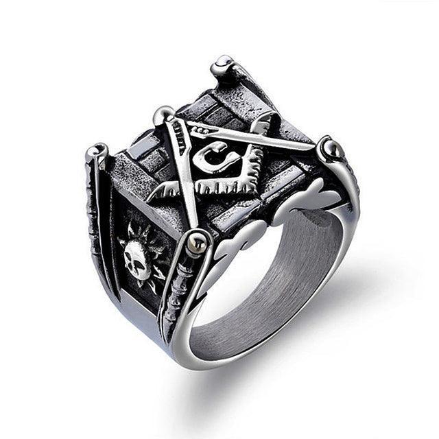 Classic Moon and Sun Stamp Stainless Steel Vintage Masonic Letter Ring - The Jewellery Supermarket