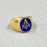Blue Stainless Steel Vintage Gold Color Masonic Ring