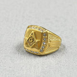 Gold Colour Free Mason 316L Stainless Steel with Rhinestone Crystals Masonic Ring - The Jewellery Supermarket