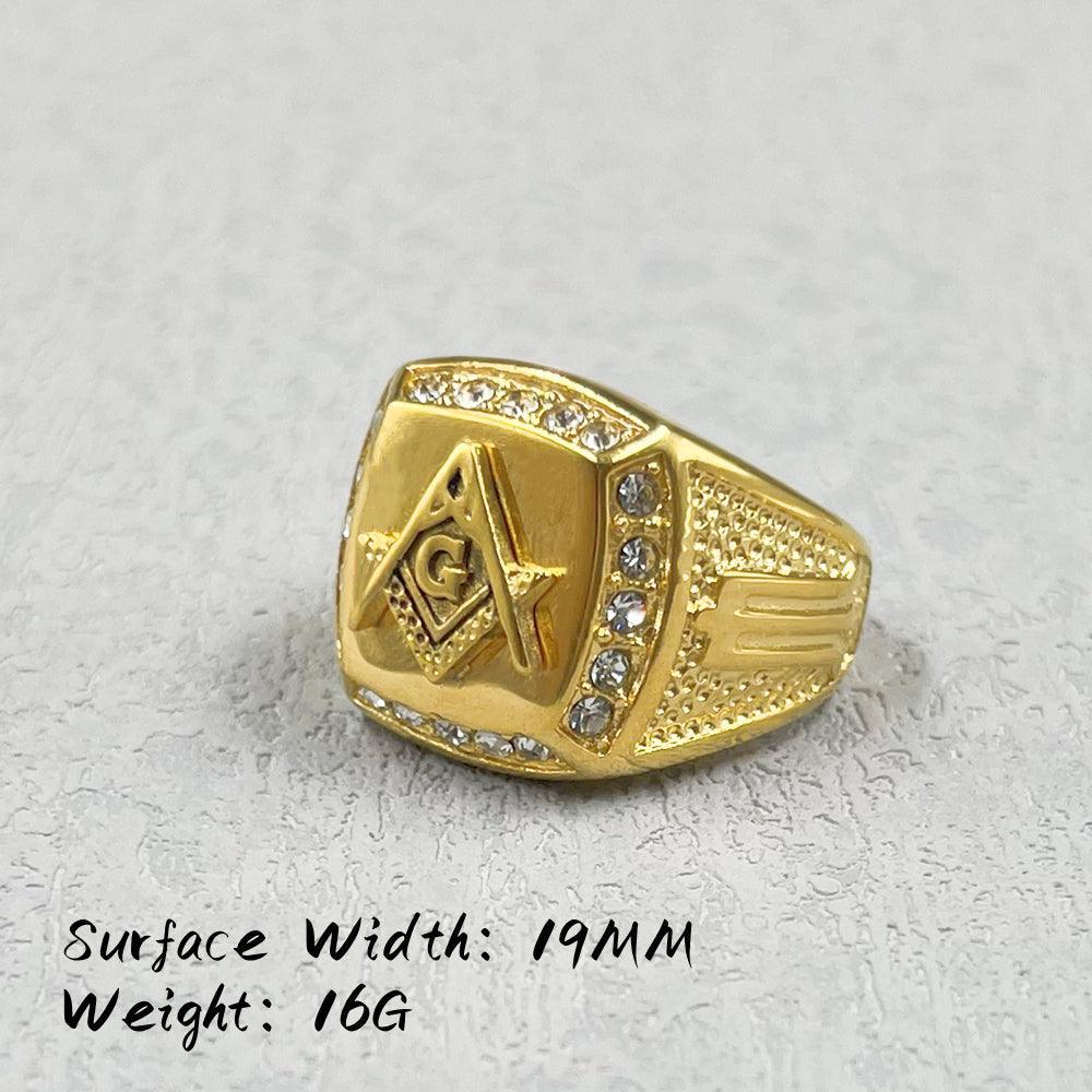Gold Colour Free Mason 316L Stainless Steel with Rhinestone Crystals Masonic Ring - The Jewellery Supermarket