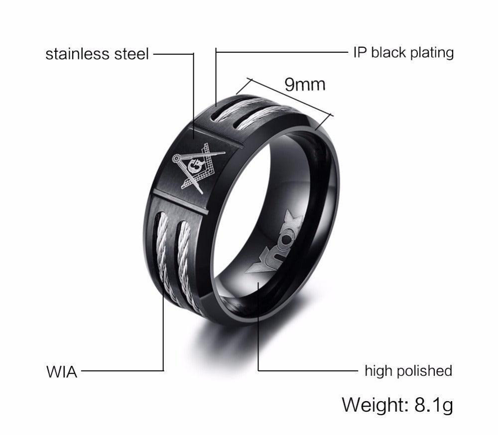 Stainless Steel Double Wire Cable Inlay Laser Masonic Black Rings - The Jewellery Supermarket