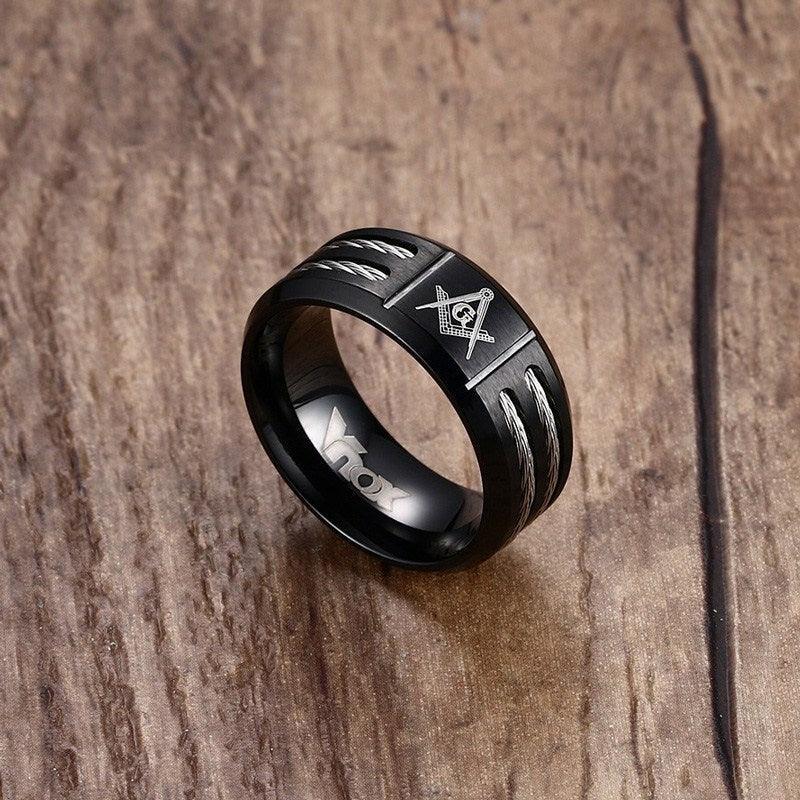 Stainless Steel Double Wire Cable Inlay Laser Masonic Black Rings - The Jewellery Supermarket