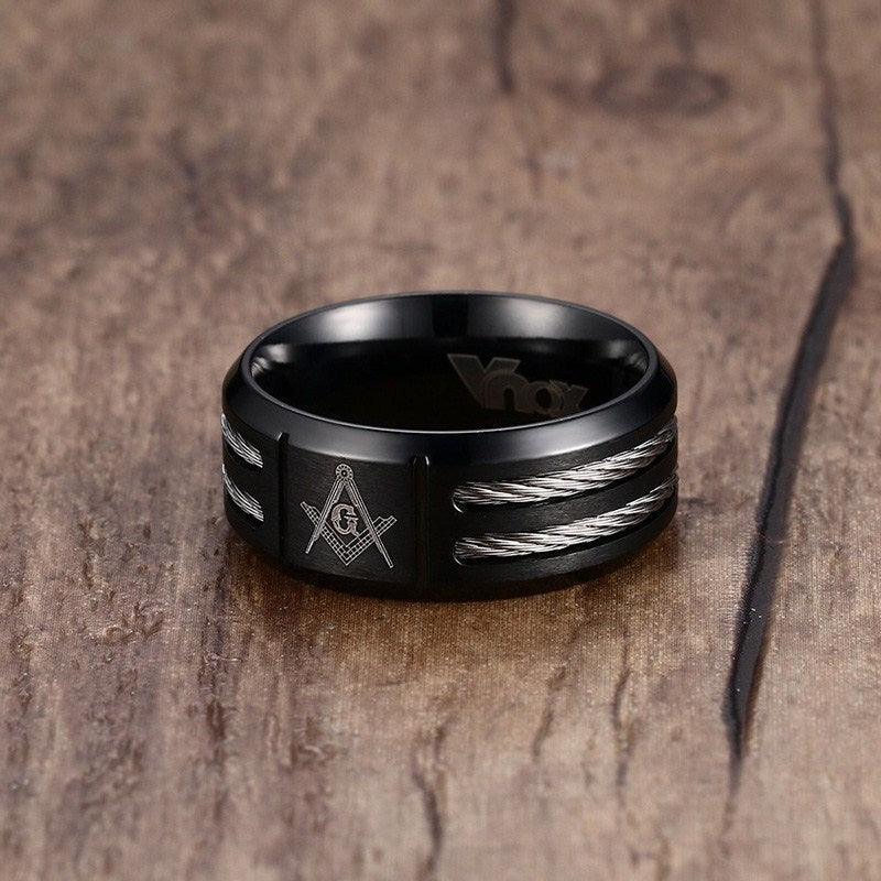 Stainless Steel Double Wire Cable Inlay Laser Masonic Black Rings - The Jewellery Supermarket