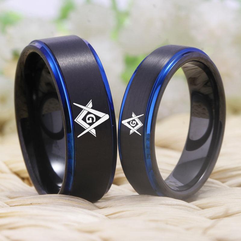 Great Gifts - Masonic Design Black Blue Tungsten Wedding Ring - The Jewellery Supermarket