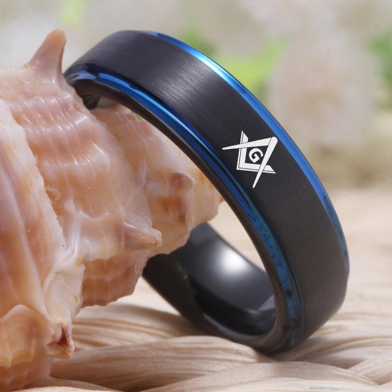 Great Gifts - Masonic Design Black Blue Tungsten Wedding Ring - The Jewellery Supermarket
