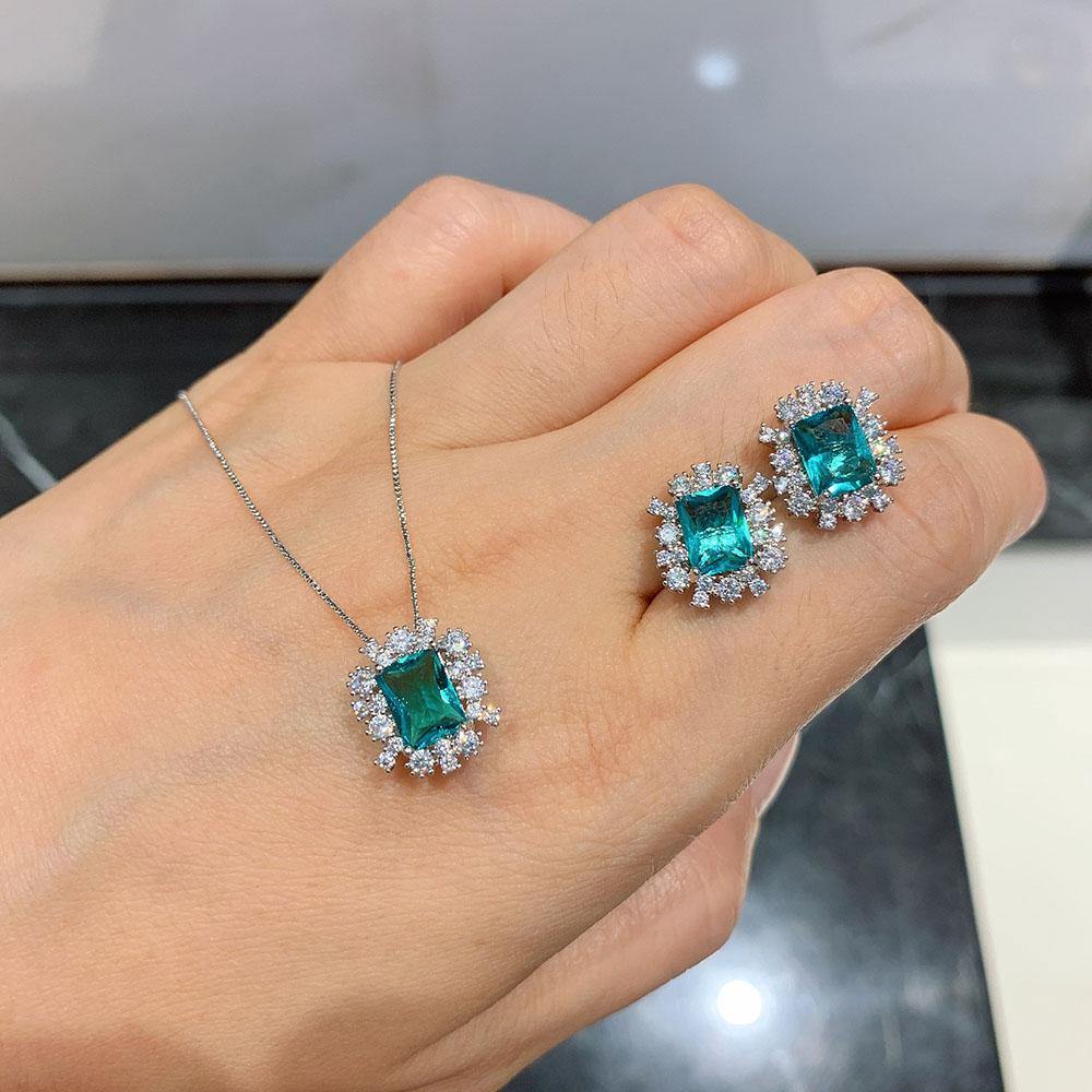 2021 Trend Silver Lab Created Sapphire Aquamarine Stone Fine Jewelry Set - The Jewellery Supermarket
