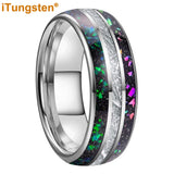 Rainbow Opal and Bright Meteorite Inlay 8mm Tungsten Carbide Men’s Women’s Ring