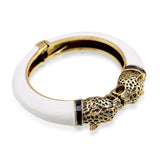 Unique Design Trendy Double Leopard Head Enamel Statement Cuff Bracelets Bangles, Gold Plated Animal Vintage Bracelet