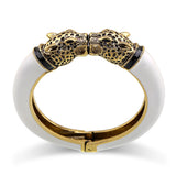 Unique Design Trendy Double Leopard Head Enamel Statement Cuff Bracelets Bangles, Gold Plated Animal Vintage Bracelet