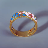 Handmade 925 Silver Exquisite Elegant Flower Enamel Pink Blue Silver Rings