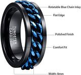 New Men's 8mm Tungsten Carbide Ring Black Tungsten Steel Ring with Blue Rotatable Inlaid Chain - The Jewellery Supermarket