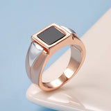 14K Rolled Gold Simple Square Black AAA Zircon Stone Unisex Ring Fine Jewellery