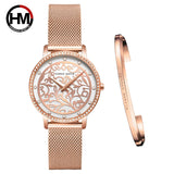 New Elegant Quartz Ladies Watches Stainless Steel Mesh Casual Waterproof Wrist Watches with 1 Set Bracelet