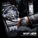 New Black Skeleton Mechanical Watches Triangle Automatic Stainless Steel Irregular  Transparent Back Case Wristwatch