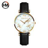 New Elegant Dragonfly Design White Oyster Pearl Shell Scallop Dial Quartz Ladies Watch Stainless Steel Women Watches