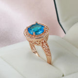 New Fashion Ethnic Hollow Flower Design Rolled 14K Rose Gold Big Blue AAA Zircon Diamonds Ring - Fine Jewellery