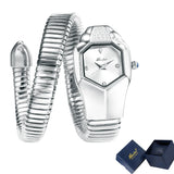 Hot Fashion Stainless Steel Bangle Snake Shape Zircon Diamond Ladies Watches - Quartz Silver Colour Wristwatches