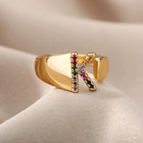New Rainbow Zircon Letter Rings For Girls, Women - Fashion Chunky Wide Letter A-Z Stainless Steel Rings, Boho Jewellery - The Jewellery Supermarket