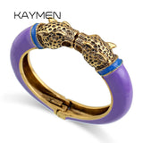 Unique Design Trendy Double Leopard Head Enamel Statement Cuff Bracelets Bangles, Gold Plated Animal Vintage Bracelet