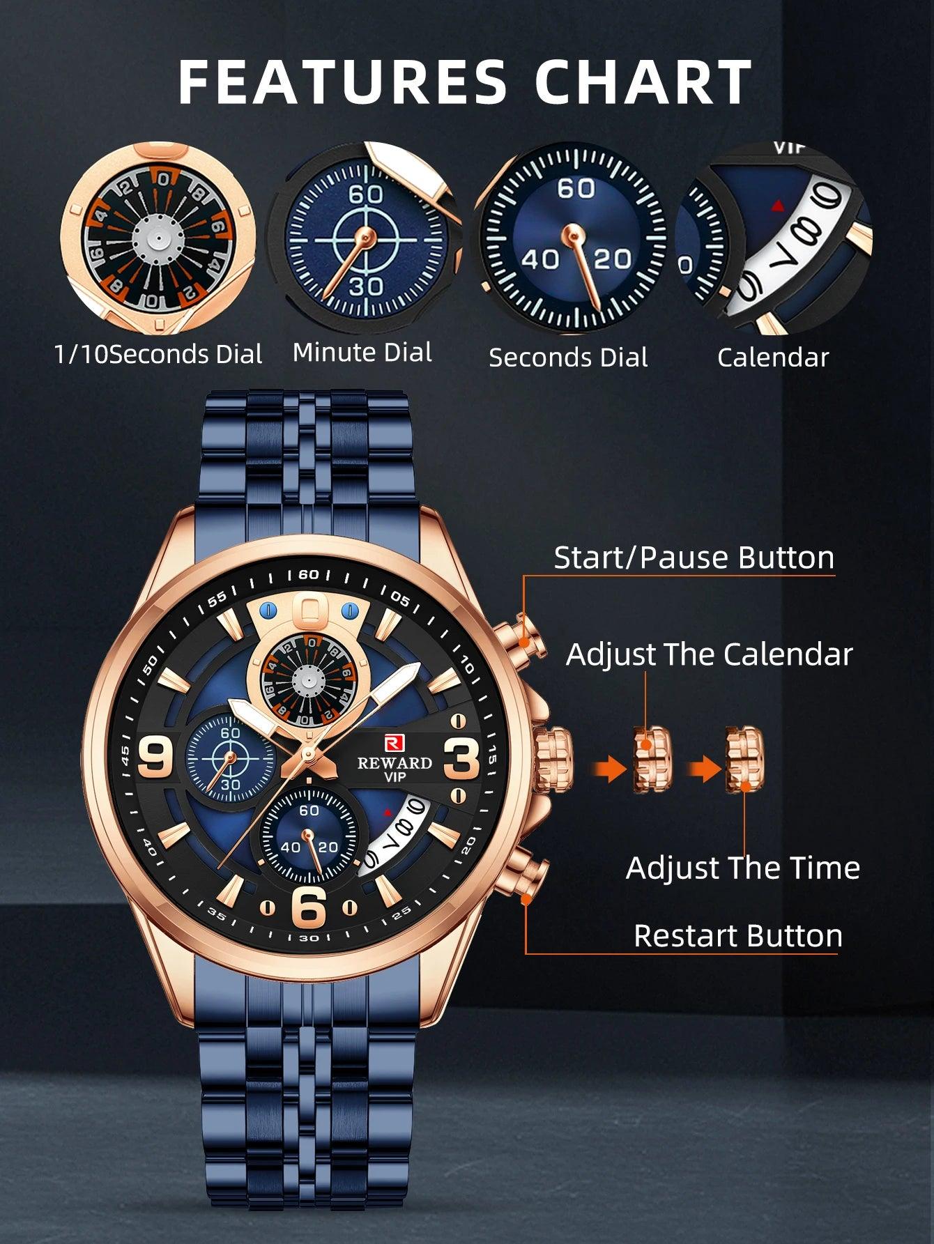 New Arrival Top Brand VIP Design Quartz Waterproof Sport Stainless Steel Chronograph Luminous Watches for Men - The Jewellery Supermarket