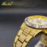 Luxury Gold Stainless Steel Iced Bracelet Purple CZ Diamonds 3 Dial Watches