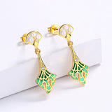Fashion Inlaid Pearl Long Green Handmade Enamel Tassel 925 Silver Earrings