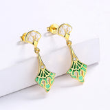 Fashion Inlaid Pearl Long Green Handmade Enamel Tassel 925 Silver Earrings